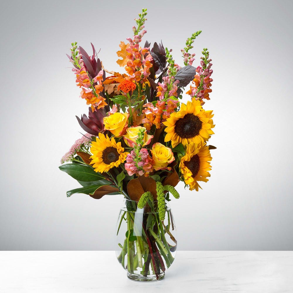 A tall, meadow-style fall arrangement featuring sunflowers, yellow roses, and tall orange snapdragons, accented with dark burgundy foliage, magnolia leaves, and trailing green amaranthus in a clear glass vase.