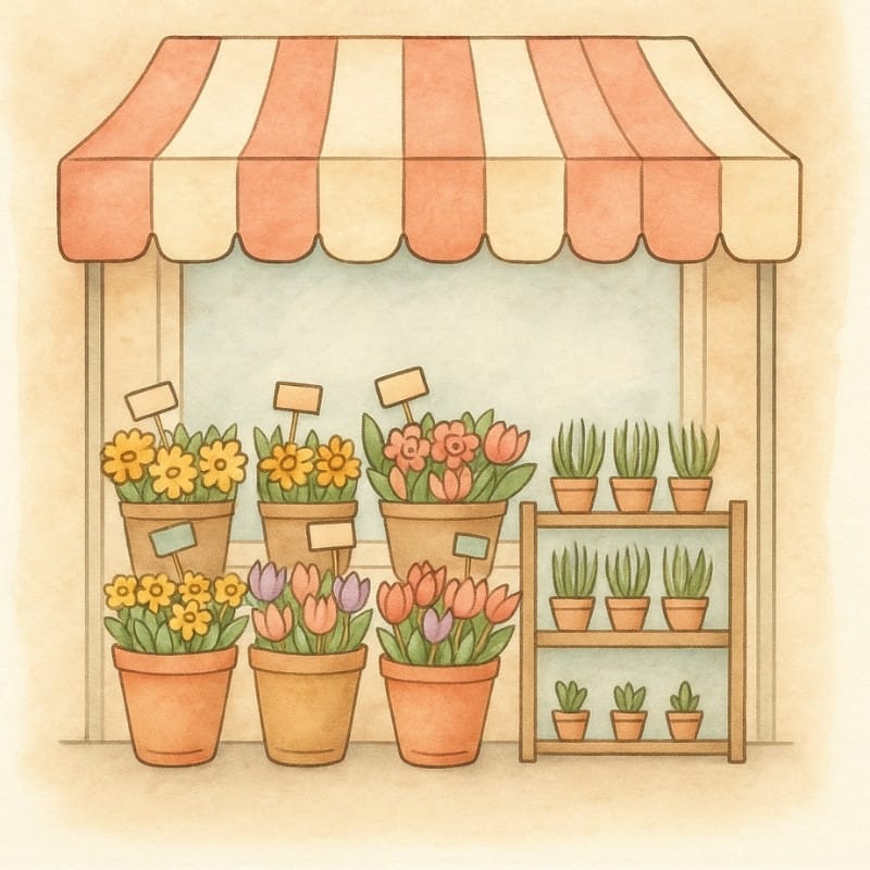 A charming illustration of a local flower stand with a striped awning, showcasing fresh daisies and tulips available for flower delivery in Grey Oaks, Naples, Florida from Grace & Blooms.