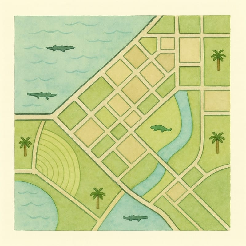 An artistic watercolor map representing the beautiful Naples communities Grace & Blooms serves, from Isles of Collier Preserve to neighboring areas.