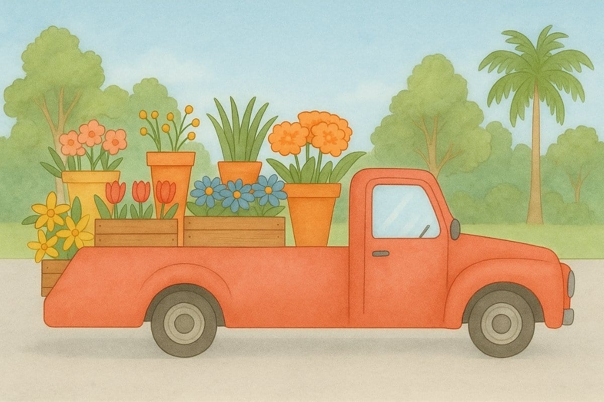 An illustration of a classic red pickup truck loaded with fresh flowers, representing Grace & Blooms' reliable flower delivery service in Quail West, Naples, Florida.