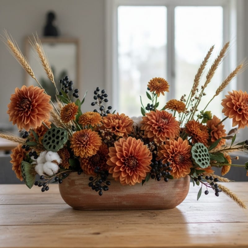 A textural, Midwest-inspired Thanksgiving centerpiece in a low terracotta vessel, featuring burnt-orange dahlias, dried wheat, lotus pods, cotton, and dark berries on a wooden dining table.
