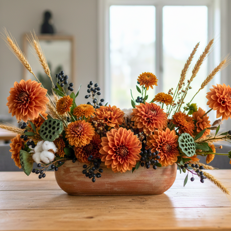 A textural, Midwest-inspired Thanksgiving centerpiece in a low terracotta vessel, featuring burnt-orange dahlias, dried wheat, lotus pods, cotton, and dark berries on a wooden dining table.