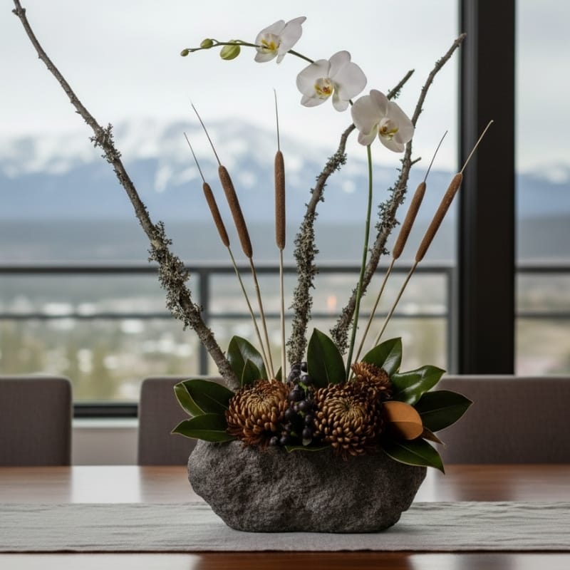 A modern, architectural Thanksgiving centerpiece in a rugged stone vessel, featuring a white phalaenopsis orchid, cattails, and lichen-covered branches, set on a table with mountains in the background.