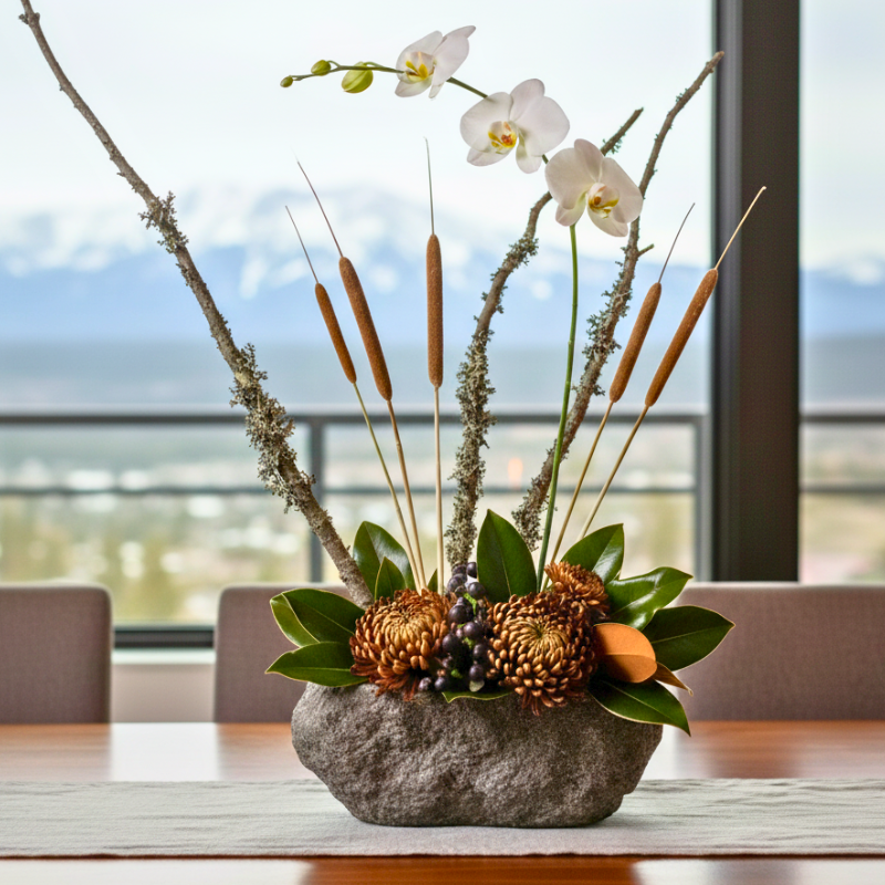 A modern, architectural Thanksgiving centerpiece in a rugged stone vessel, featuring a white phalaenopsis orchid, cattails, and lichen-covered branches, set on a table with mountains in the background.