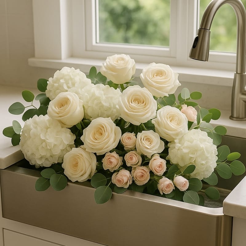 Freshly cut white and blush pink roses and hydrangeas with eucalyptus stems resting in a clean kitchen sink, symbolizing floral care and revival techniques discussed in the Naples flower longevity guide.