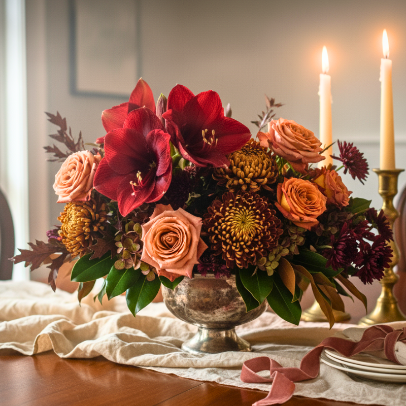 An elegant Thanksgiving centerpiece in a vintage silver bowl, featuring deep red amaryllis, dusty rose colored roses, and bronze heirloom mums, set on a dining table with lit taper candles.