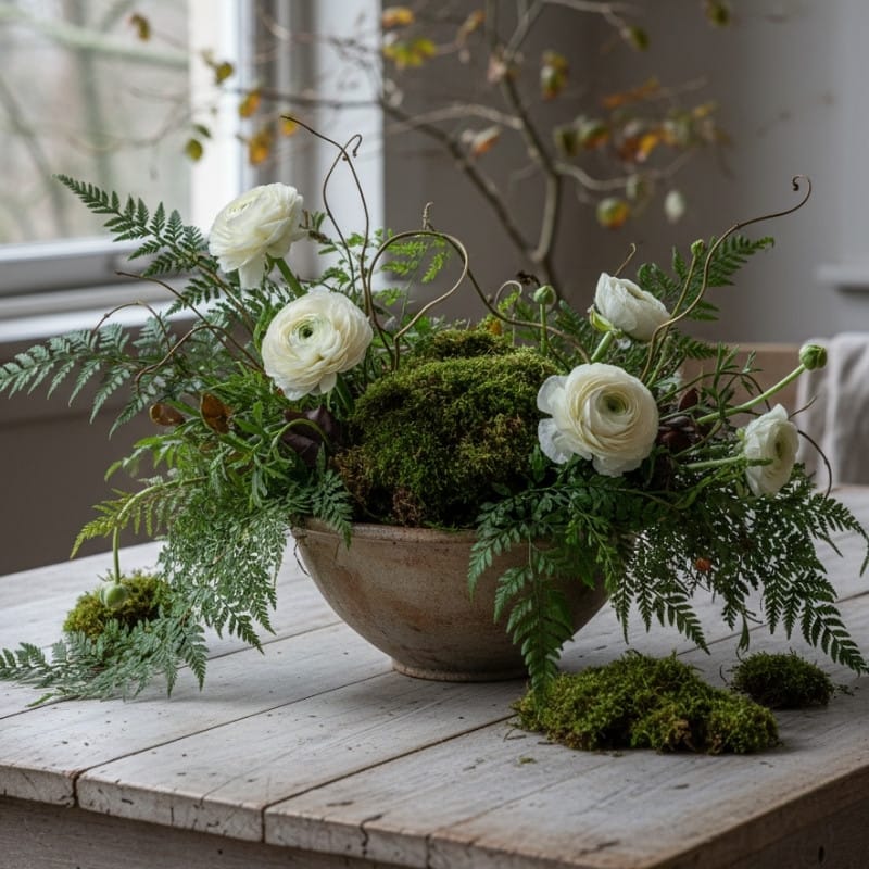 An organic, foraged-style Thanksgiving centerpiece for a Pacific Northwest theme, featuring white ranunculus, abundant green ferns, and moss in a rustic pottery bowl on a weathered wood table.