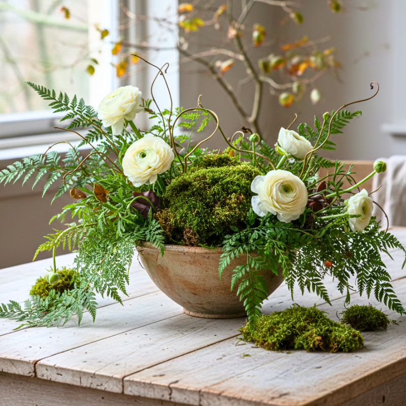 An organic, foraged-style Thanksgiving centerpiece for a Pacific Northwest theme, featuring white ranunculus, abundant green ferns, and moss in a rustic pottery bowl on a weathered wood table.
