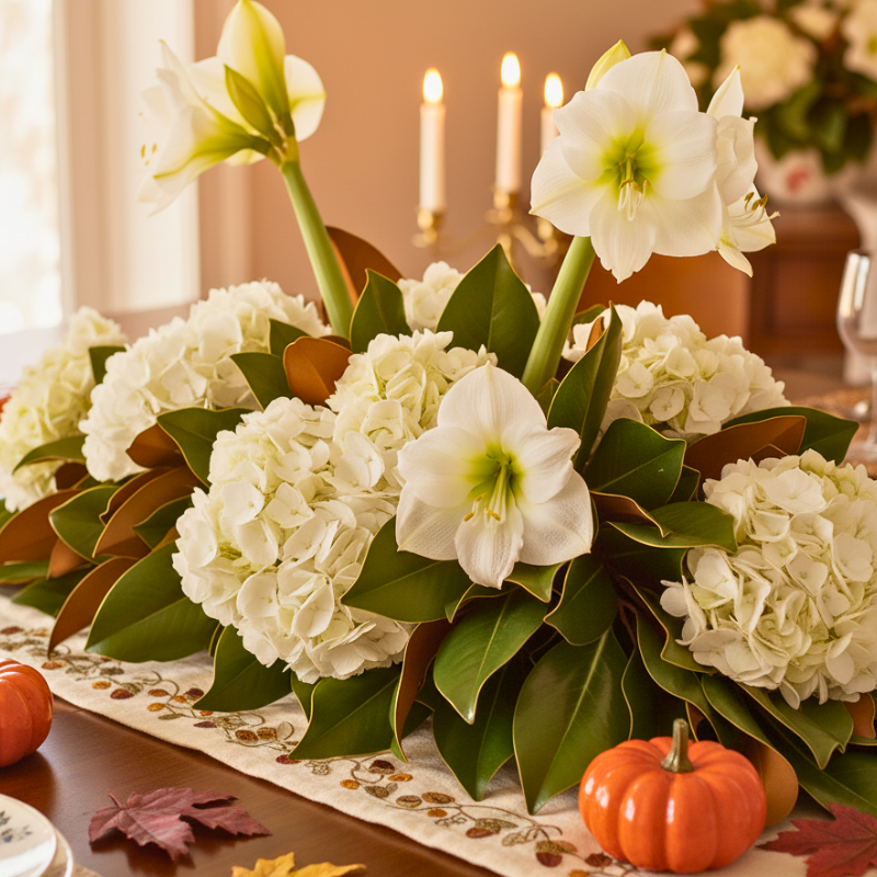 A low, sprawling Thanksgiving centerpiece for a Southern-style table, featuring elegant white amaryllis, lush white hydrangeas, and glossy magnolia leaves, accented with small pumpkins on a decorative table runner.