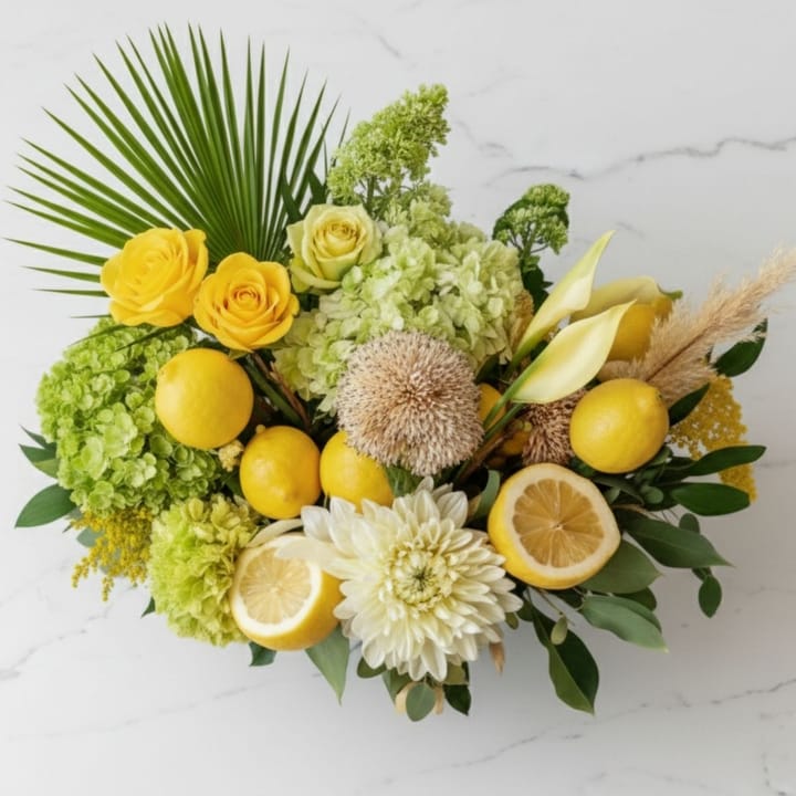 A luxurious centerpiece of white dahlias and fresh lemons, part of the Grace & Blooms guide to Jewish holiday flowers in Naples, FL.