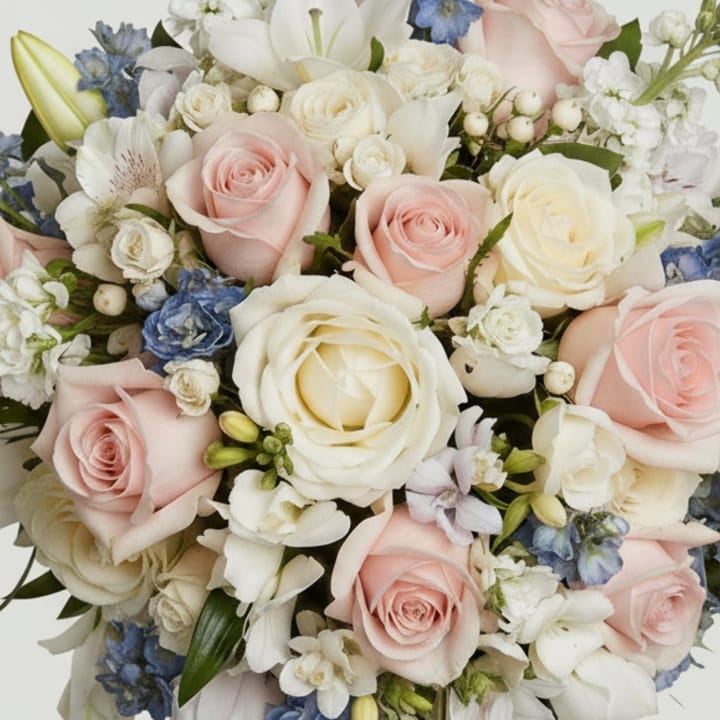 A large, elegant bouquet of pink and white roses, white lilies, and blue delphinium, representing the various flower meanings discussed in this Naples, FL guide.